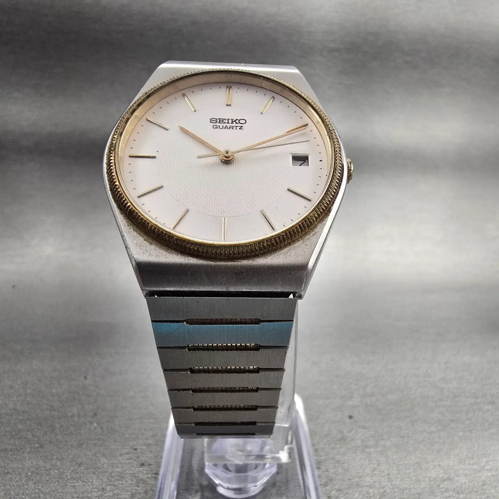Seiko Watch Men 33mm Silver Dial Two Tone Date Round 6432-7019 New Battery VTG5