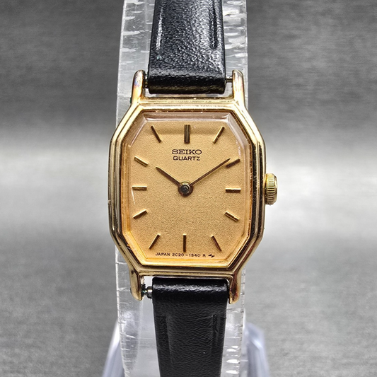 Seiko Watch Women 16mm Gold Dial Gold Tone Octagon 2C20-5769 New Battery Vintage0