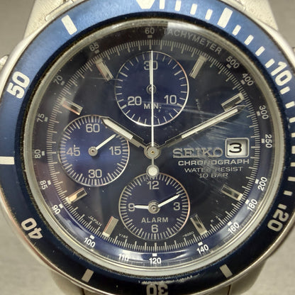 Seiko Chronograph Watch Men 40mm Blue Dial Steel Date Alarm Round New Battery H81