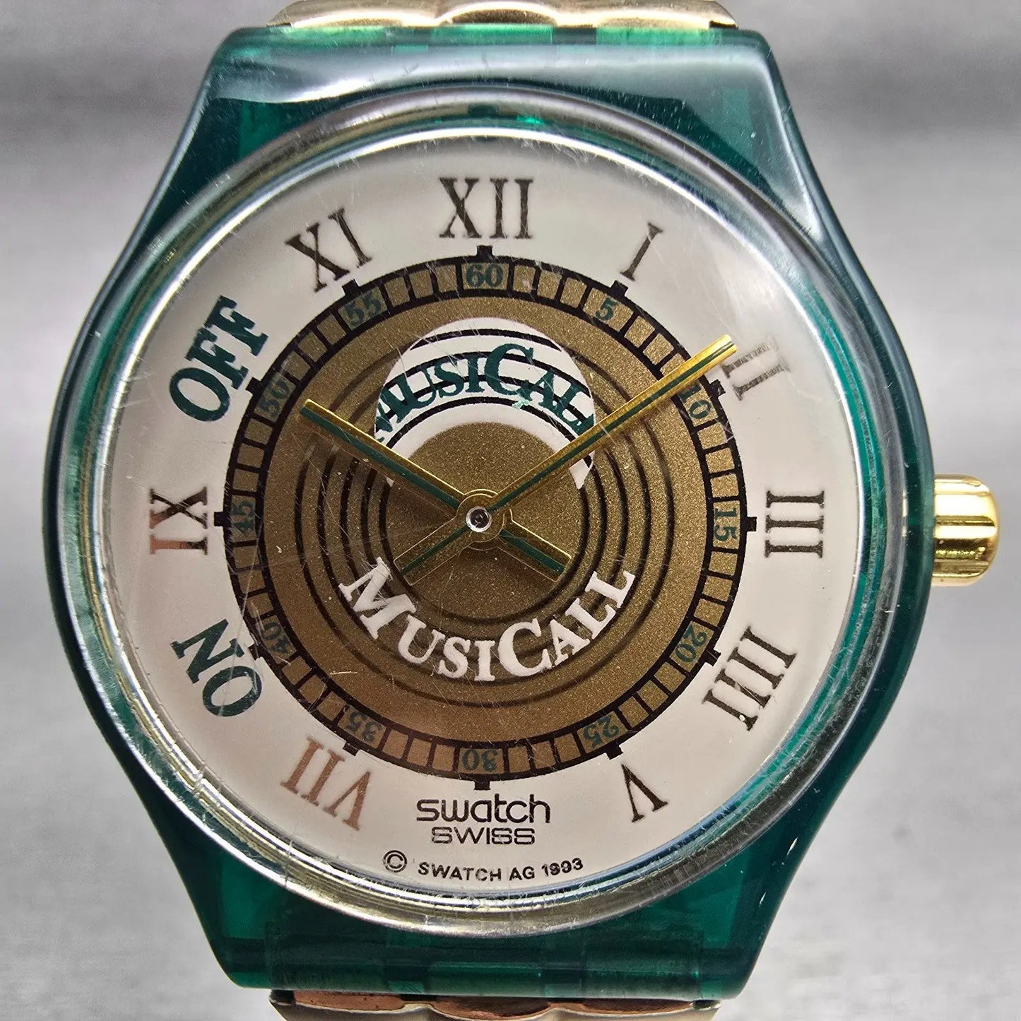 Swatch Musicall MARTINGALA Watch Men 34mm White Dial Green Case SLG100 New Batt1