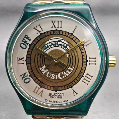 Swatch Musicall MARTINGALA Watch Men 34mm White Dial Green Case SLG100 New Batt1