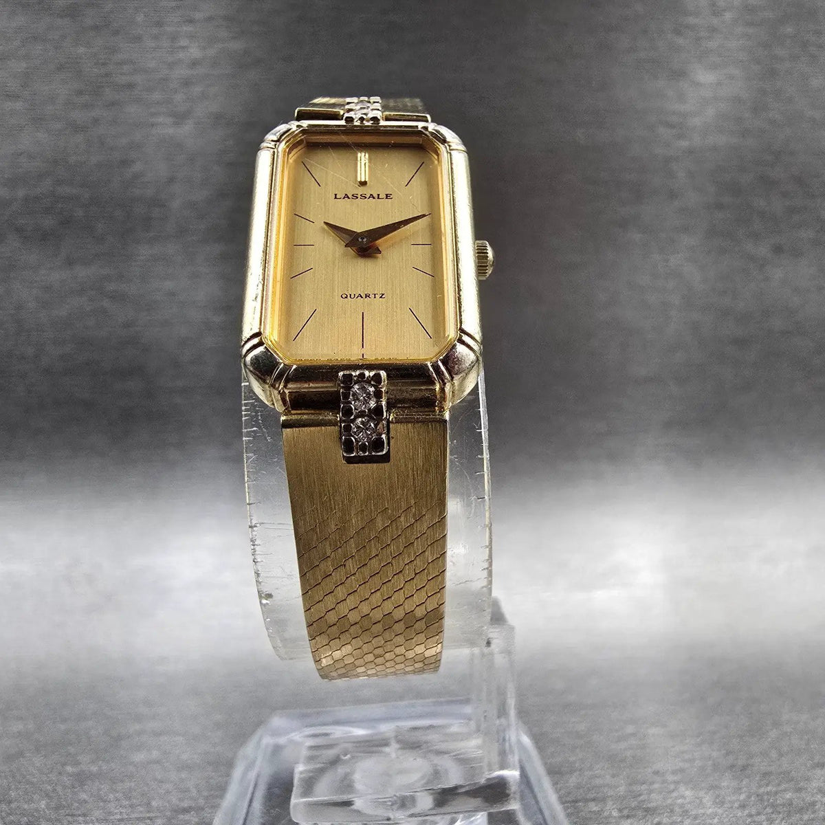 Seiko Lassale Watch Women 14mm Gold Dial Gold Rectangle Diamonds New Battery VTG5
