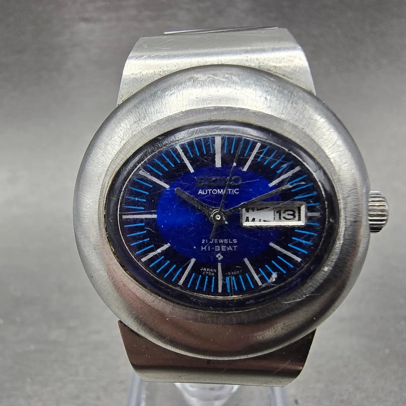 Seiko Automatic Watch Women 31mm Blue Dial Silver Tone READ!!!!!! 2706-7020 Runs0