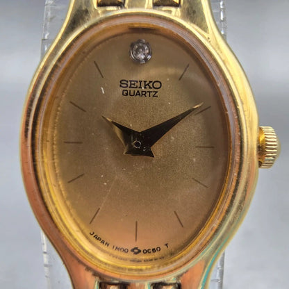 Seiko Watch Women 17mm Gold Dial Gold Tone Oval 1N00-5A39 New Battery Vintage1