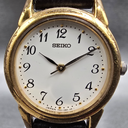 Seiko Watch Women 24mm White Dial Gold Tone Round 7N01-6880 New Battery Vintage1