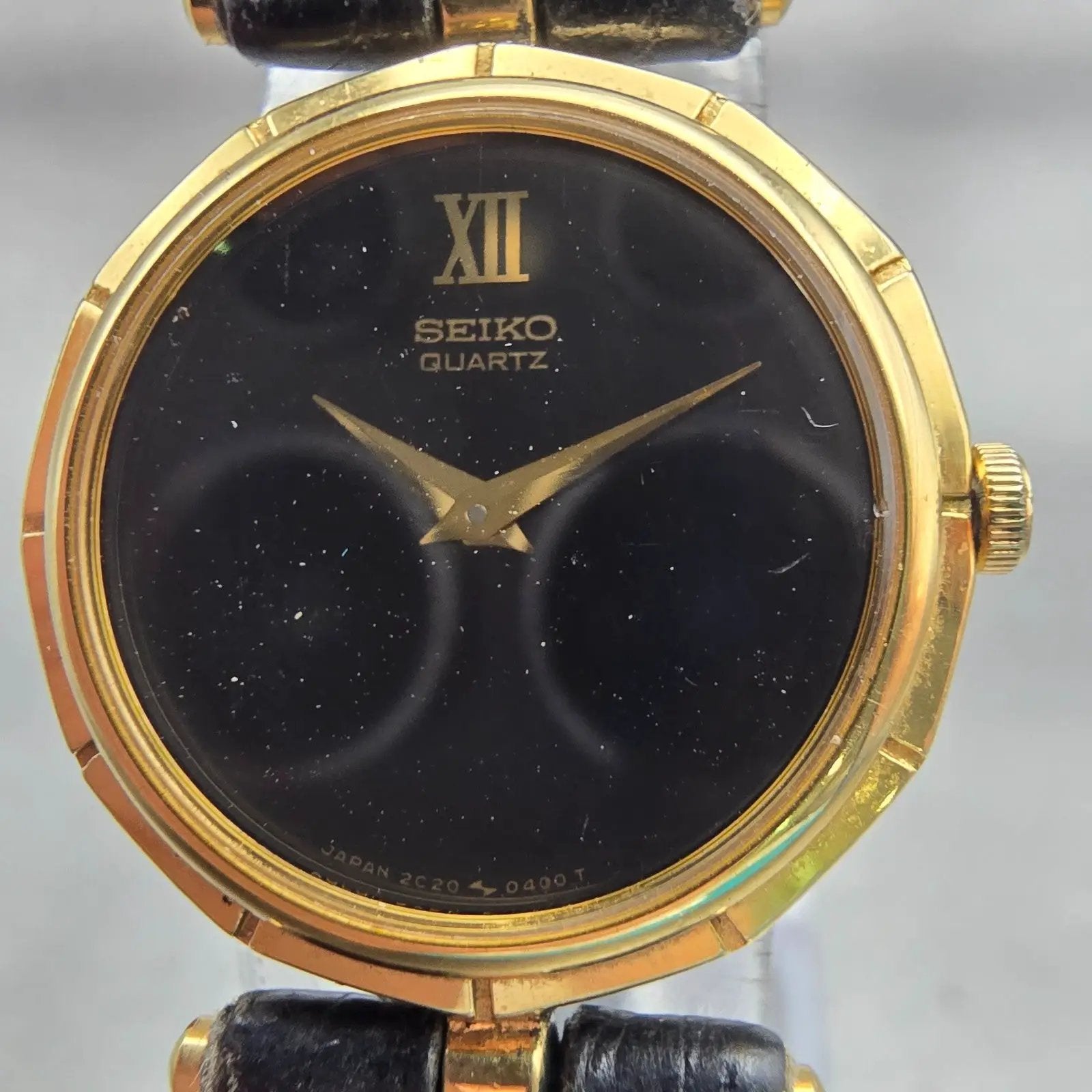 Seiko Watch Women 22mm Black Dial Gold Tone Round 2C20-0050 New Battery Vintage1