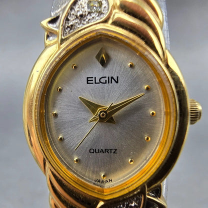 Elgin Watch Women 17mm Silver Dial Two Tone Oval Leafs EK909-007 New Battery2