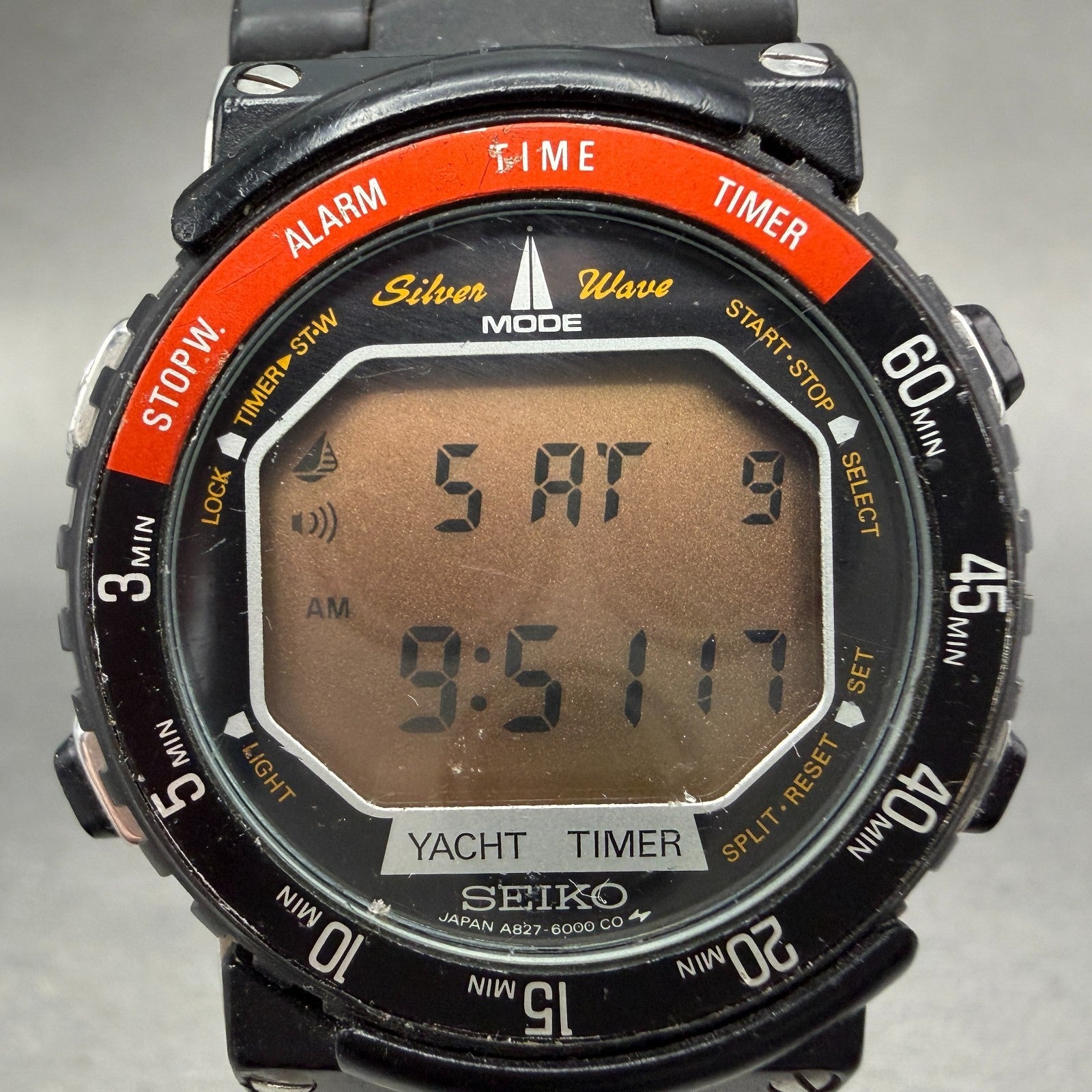 Seiko Yacht Timer Watch Men 37mm Digital Alarm Chrono Silver A827-6000 New Batt1
