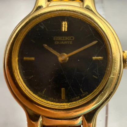 Seiko Watch Women 19mm Black Dial Gold Tone Round 1N00-0C49 New Battery Vintage1