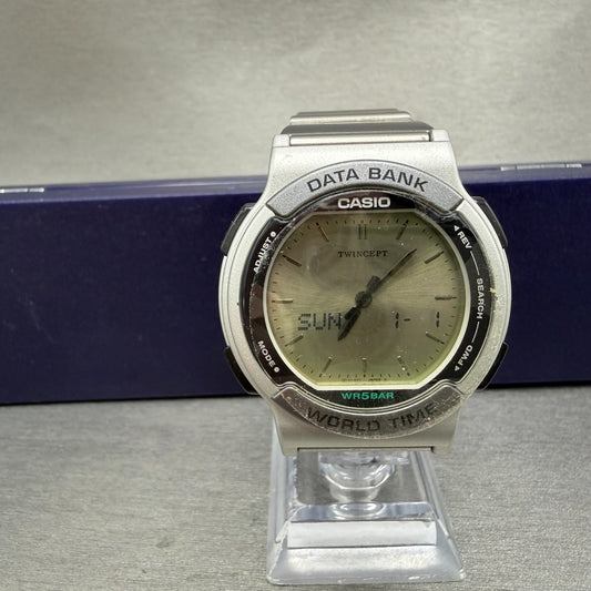 Casio Twincept ABX-53 Watch Men 40mm Gray Dial Silver Alarm Chrono New Batt NOS0