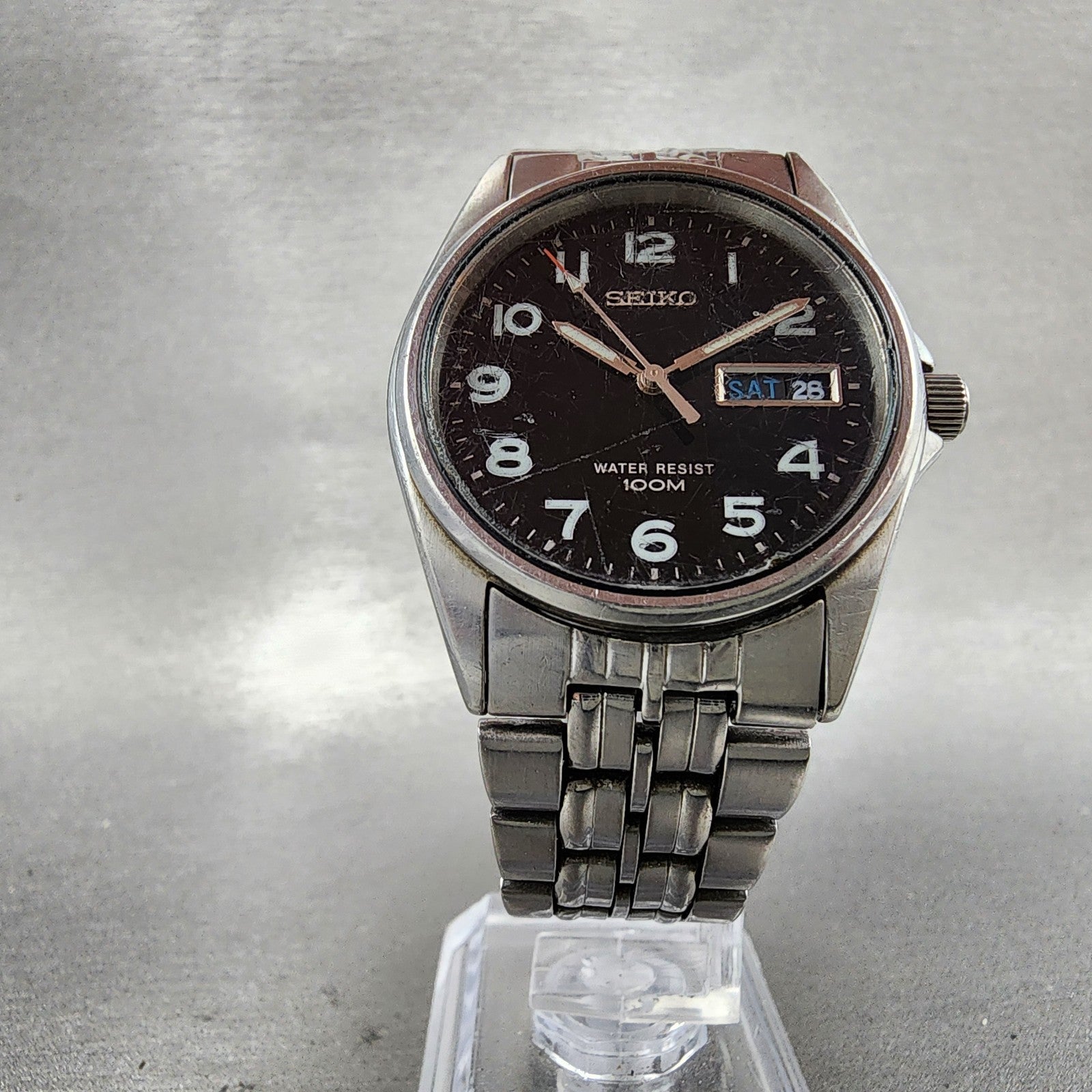 Seiko Watch Men 35mm Black Dial Silver Tone Daydate Round 7n438329 New Battery5