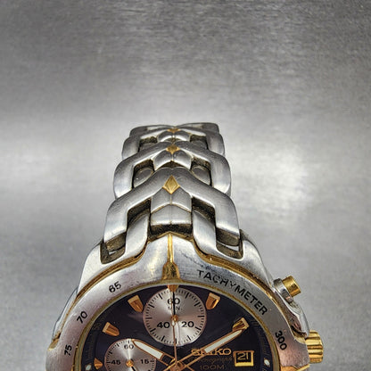 Seiko Chronograph Watch Men 38mm Blue Dial Two Tone Date 7t62-0ch0 New Battery