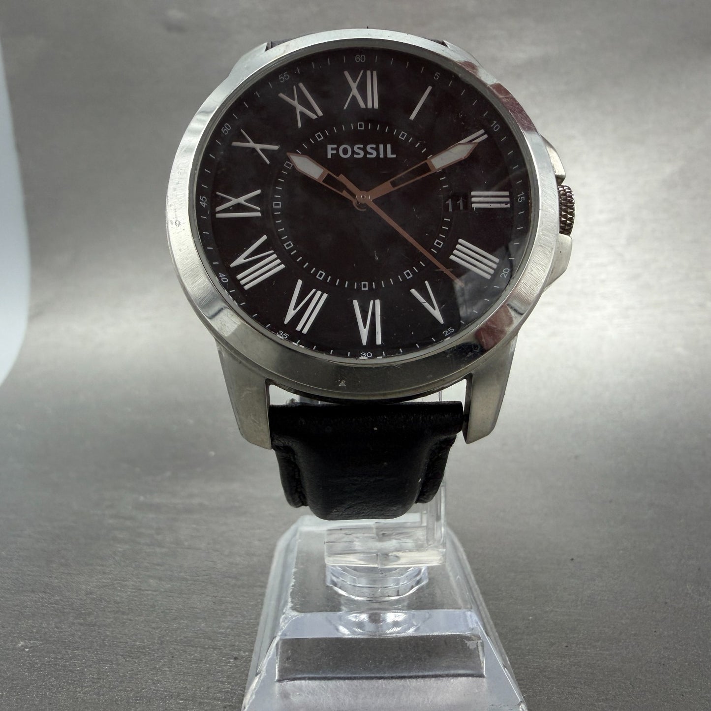 Fossil Grant Watch Men 44mm Black Dial Steel Date Round FS4745 New Battery5