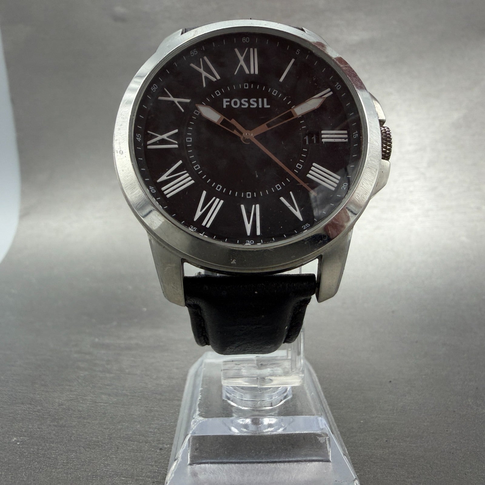 Fossil Grant Watch Men 44mm Black Dial Steel Date Round FS4745 New Battery5