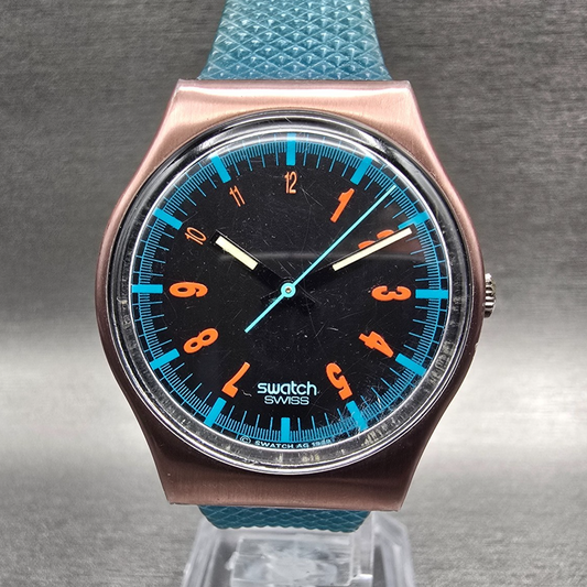 Swatch Icebreaker Watch Men 34mm Black Dial Bronze Case Round GX113 New Battery0