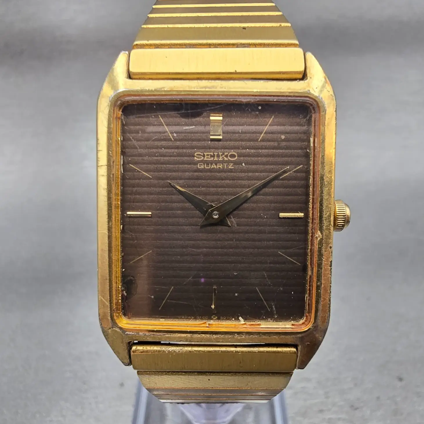 Seiko Watch Men 25mm Brown Dial Gold Tone Rectangle 5Y00-5000 New Battery VTG0