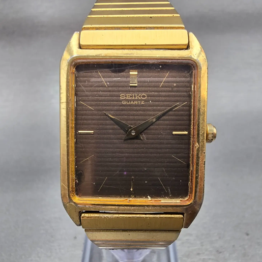 Seiko Watch Men 25mm Brown Dial Gold Tone Rectangle 5Y00-5000 New Battery VTG0