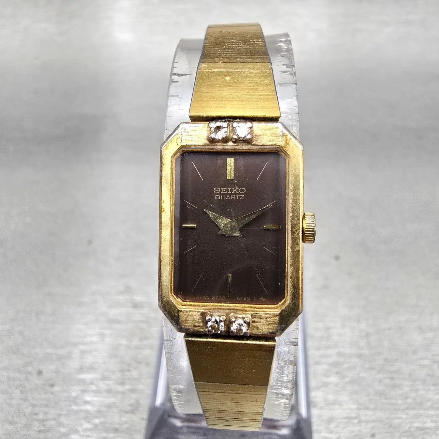 Seiko Watch Women 14mm Brown Dial Gold Tone Gemmed Rectangle 2E20-5099 New Batt0