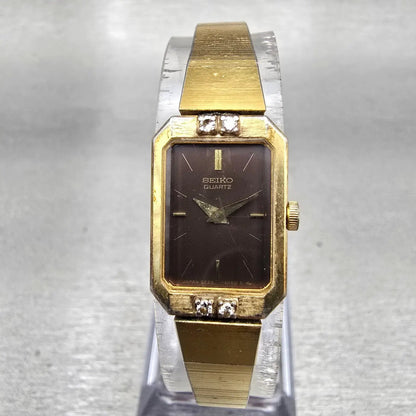Seiko Watch Women 14mm Brown Dial Gold Tone Gemmed Rectangle 2E20-5099 New Batt0