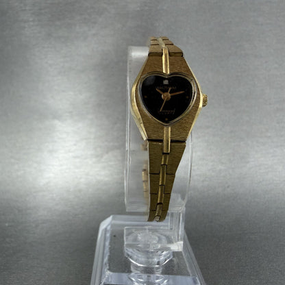 Waltham Heart Watch Women 16mm Black Dial Gold Tone Round New Battery VTG5