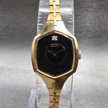Seiko Watch Women 18mm Black Dial Gold Tone Hexagon 1400-5319 New Battery JP0