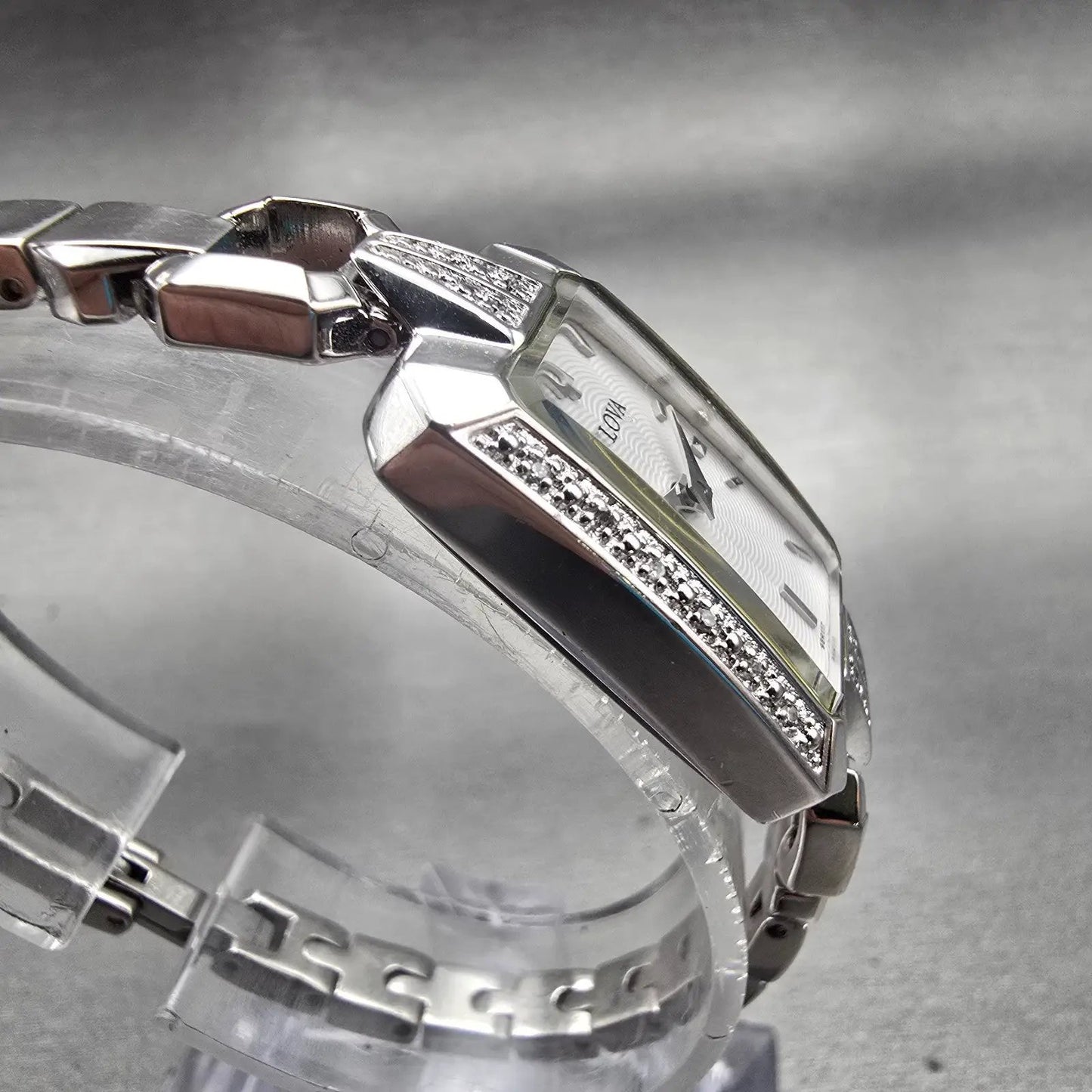 Bulova Watch Women 18mm White Dial Silver Tone Rectangle 96R117 New Bat Diamonds3