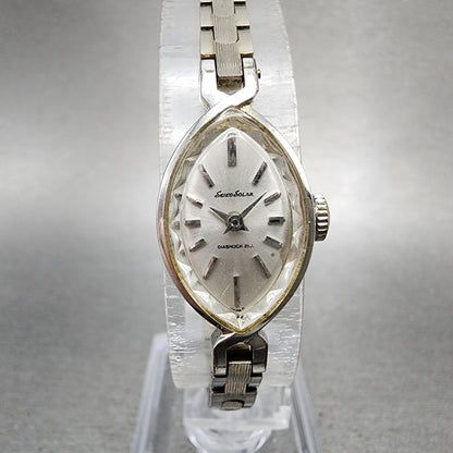 Seiko Solar Watch Women 15mm White Dial White Gold Plated Manual Wind Runs VTG0