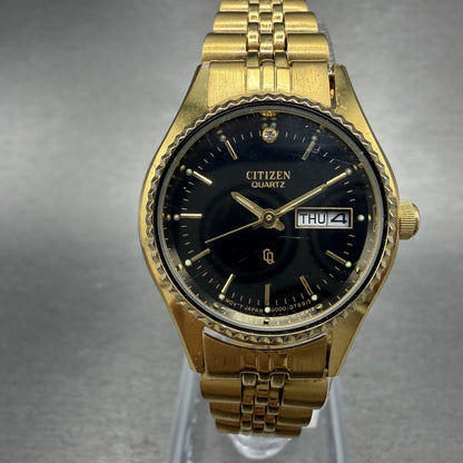 Citizen CQ Watch Women 26mm Black Dial Gold Tone Daydate 6000-072952 New Battery0