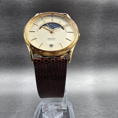 Seiko Moon Phase Watch Men 32mm Ivory Dial Gold Date 7434-7008 New Battery5