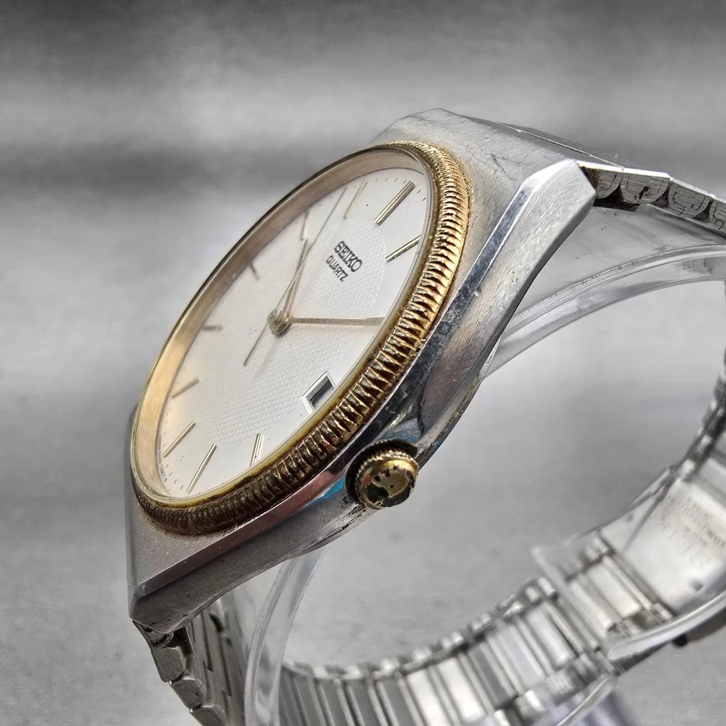 Seiko Watch Men 33mm Silver Dial Two Tone Date Round 6432-7019 New Battery VTG2
