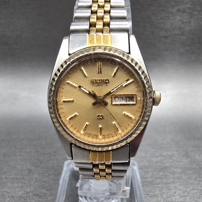 Seiko SQ Watch Women 24mm Gold Dial Two Tone Daydate Round 3E23-0A69 New Batt 1K0