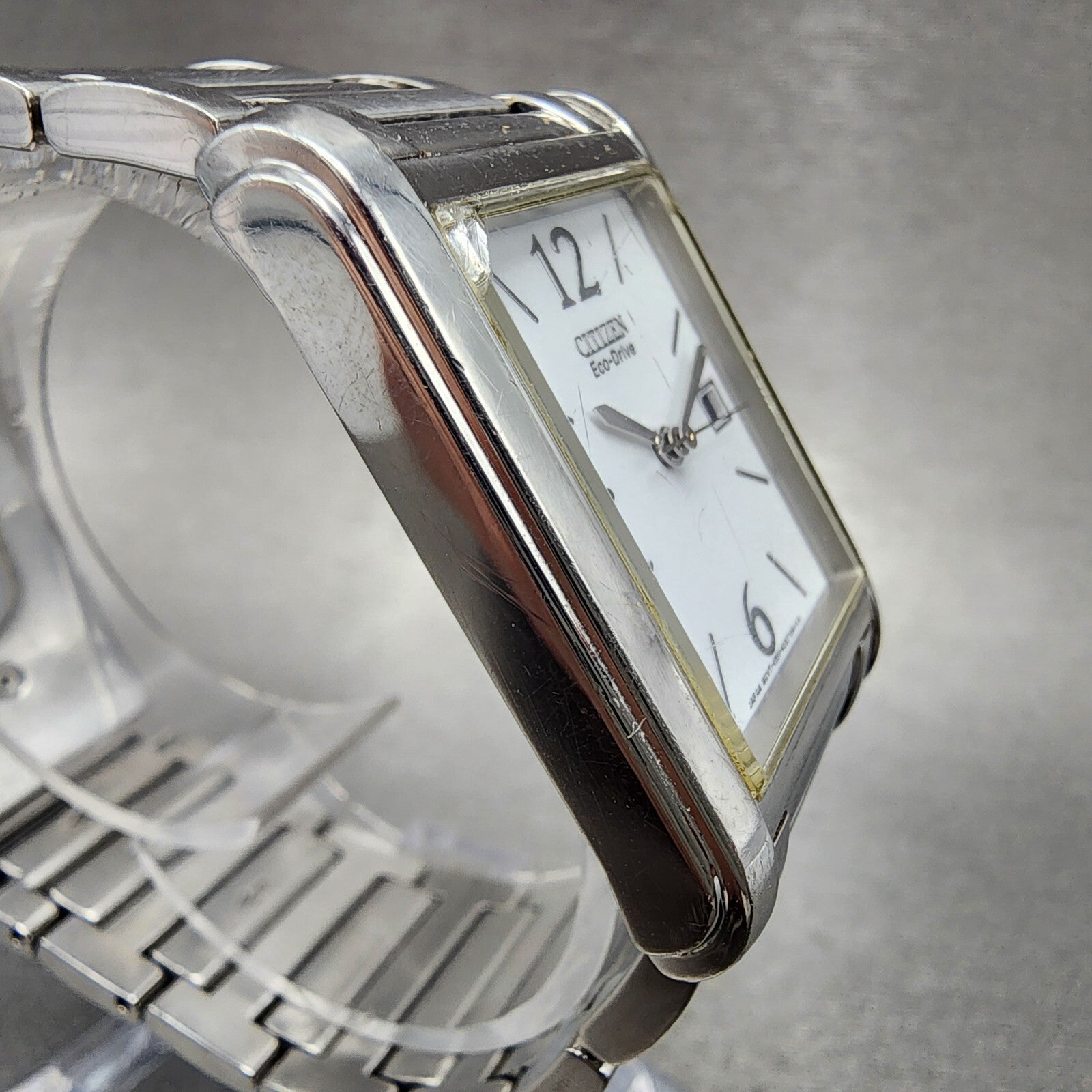 Citizen EcoDrive Tank Watch Women 26mm White Dial Silver Tone Date Runs3