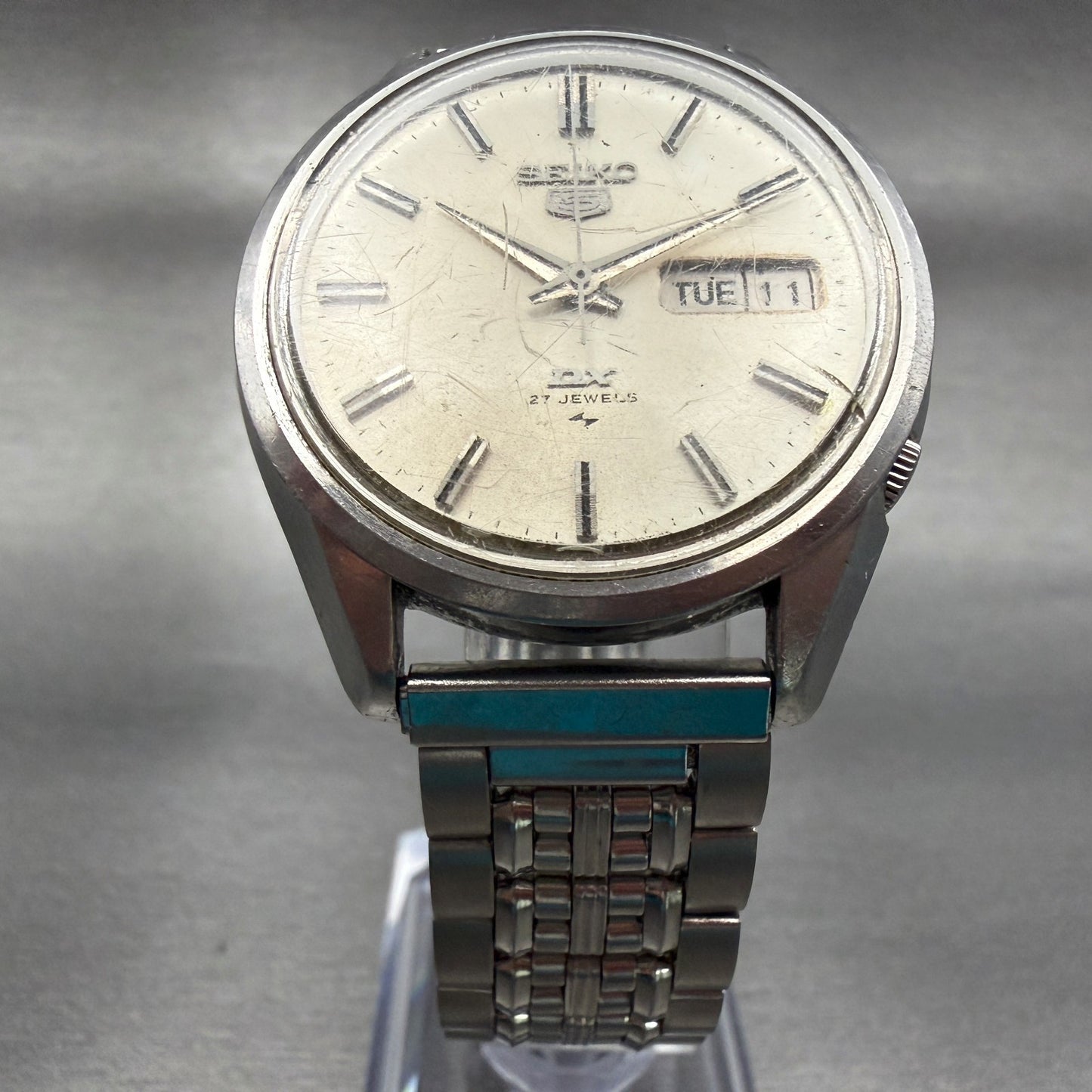 Seiko 5 Watch Men 37mm Silver Dial Silver Tone Daydate Round 5139-8000 Runs5