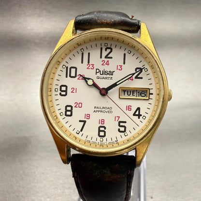 Pulsar Railroad Approved Watch Men 34mm White Dial Gold Daydate Y148-7009 NewBat0