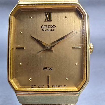 Seiko SX Watch Men 27mm Gold Dial Gold Tone Rectangle 5Y95-5020 New Battery VTG1
