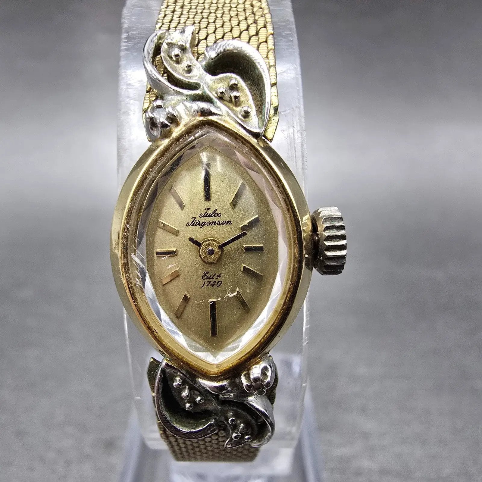 Jules Jurgenson Watch Women 14mm Champagne Dial Gold Oval Gem Set Bezel Manual0