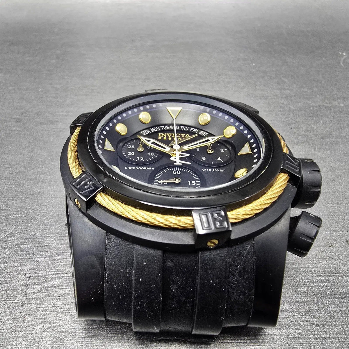 Invicta Reserve Bolt Zeus Chronograph Watch Men 53mm Black Dial Black Gold READ2