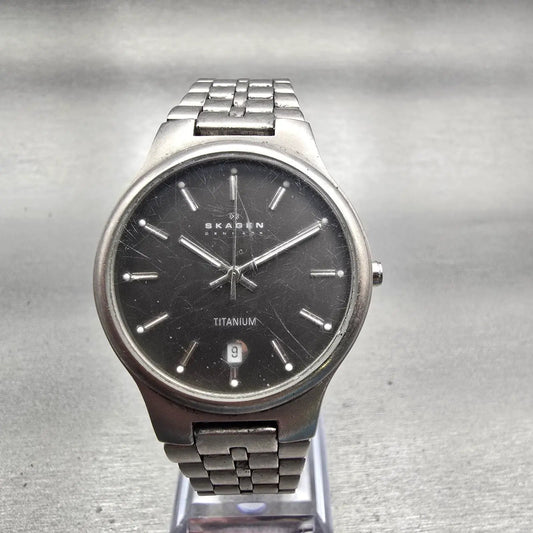 Skagen Denmark Watch Men 34mm Gray Dial Titanium Date Round 105XLT New Battery0