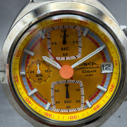 Seiko ALAB AKA Chronograph Watch Men 40mm Yellow Dial Steel Date V657-6030 Runs31