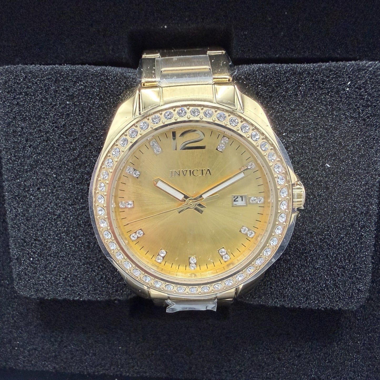 Invicta Angel Watch Women 38mm Gold Dial Gold Tone Date Round Crystal Bezel498470
