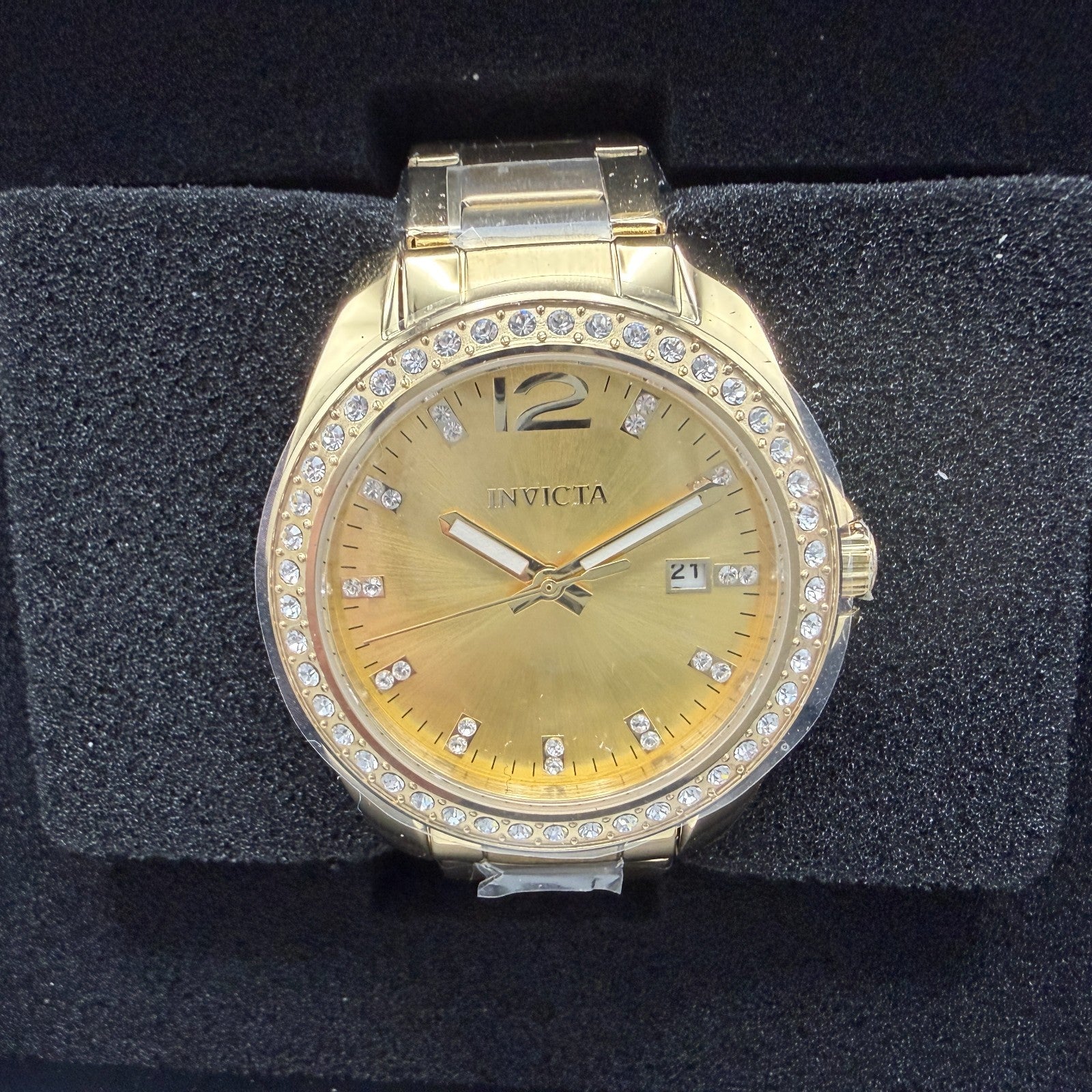 Invicta Angel Watch Women 38mm Gold Dial Gold Tone Date Round Crystal Bezel498470