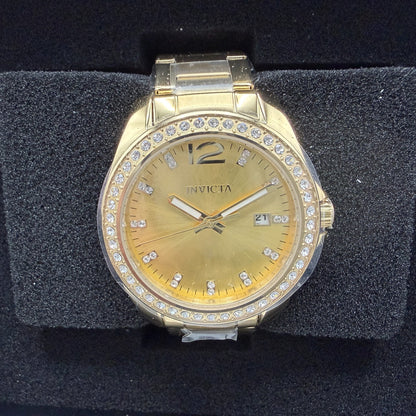 Invicta Angel Watch Women 38mm Gold Dial Gold Tone Date Round Crystal Bezel498470