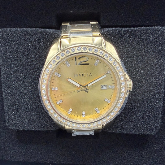 Invicta Angel Watch Women 38mm Gold Dial Gold Tone Date Round Crystal Bezel498470
