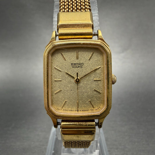 Seiko Tank Watch Women 20mm Champagne Dial Gold Tone 7321-5270 New Battery0