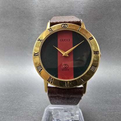 Gucci 3001M Watch Men 33mm Red & Green Dial Gold plated Round New Battery VTG5