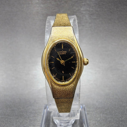VTG Citizen CQ Watch Women 16mm Black Dial Gold Tone Oval 5930-S25350 New Batt