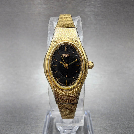 VTG Citizen CQ Watch Women 16mm Black Dial Gold Tone Oval 5930-S25350 New Batt