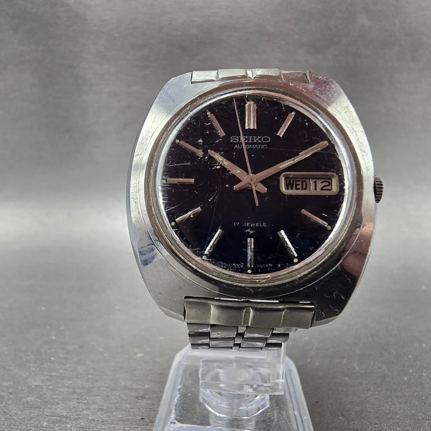 Seiko Automatic Watch Men 39mm Blue Dial Silver Tone Daydate 7006-7007 Runs VTG5