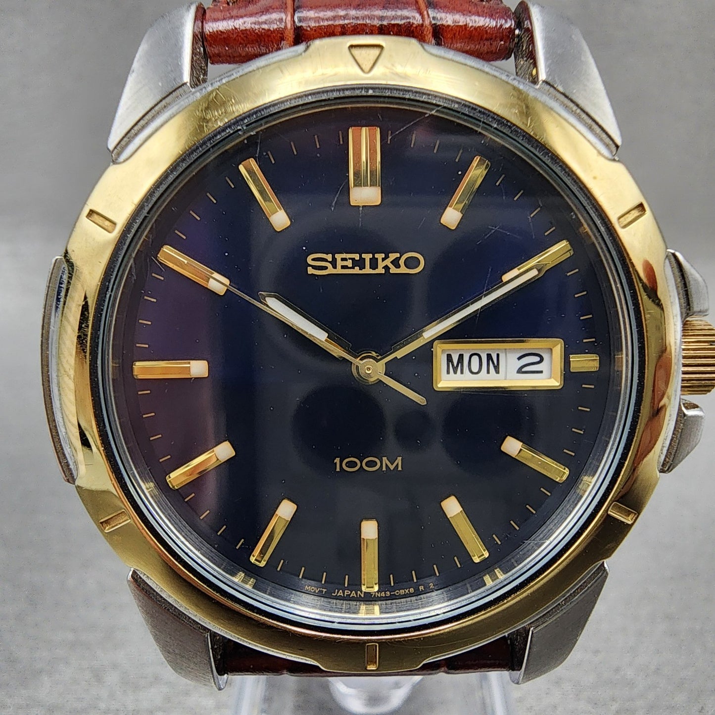 Seiko Watch Men 39mm Black Dial Two Tone Daydate Round 7n430az0 New Battery1