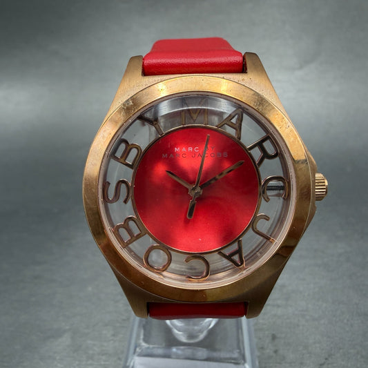 Marc Jacobs Henry Skeleton watch Women 35mm Red Dial Rose Gold Tone New Battery0